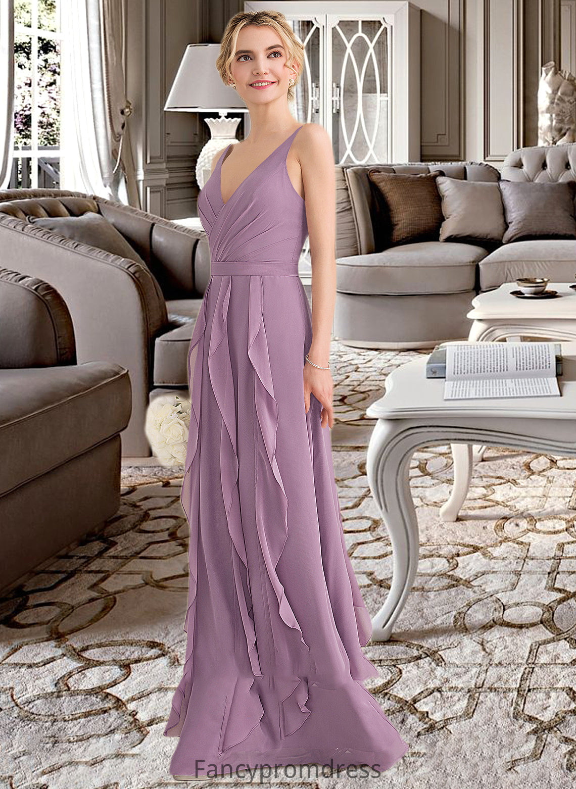 Jaelynn A-Line V-neck Floor-Length Chiffon Bridesmaid Dress With Cascading Ruffles DRP0013261