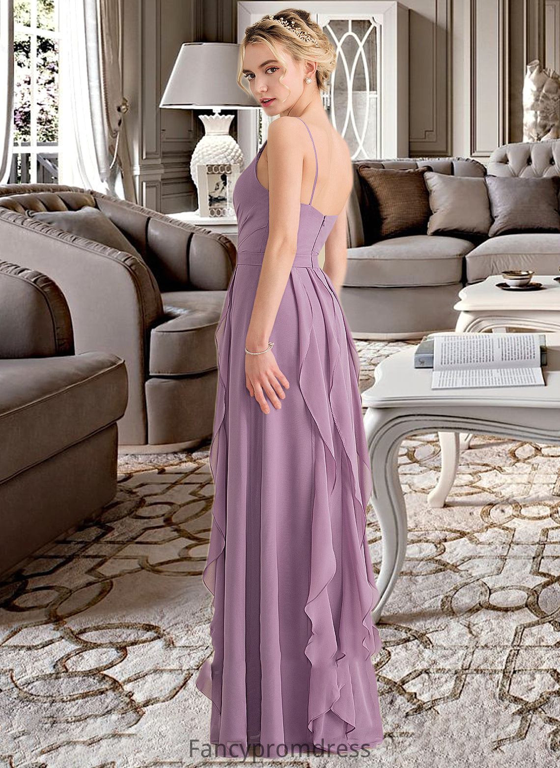 Jaelynn A-Line V-neck Floor-Length Chiffon Bridesmaid Dress With Cascading Ruffles DRP0013261