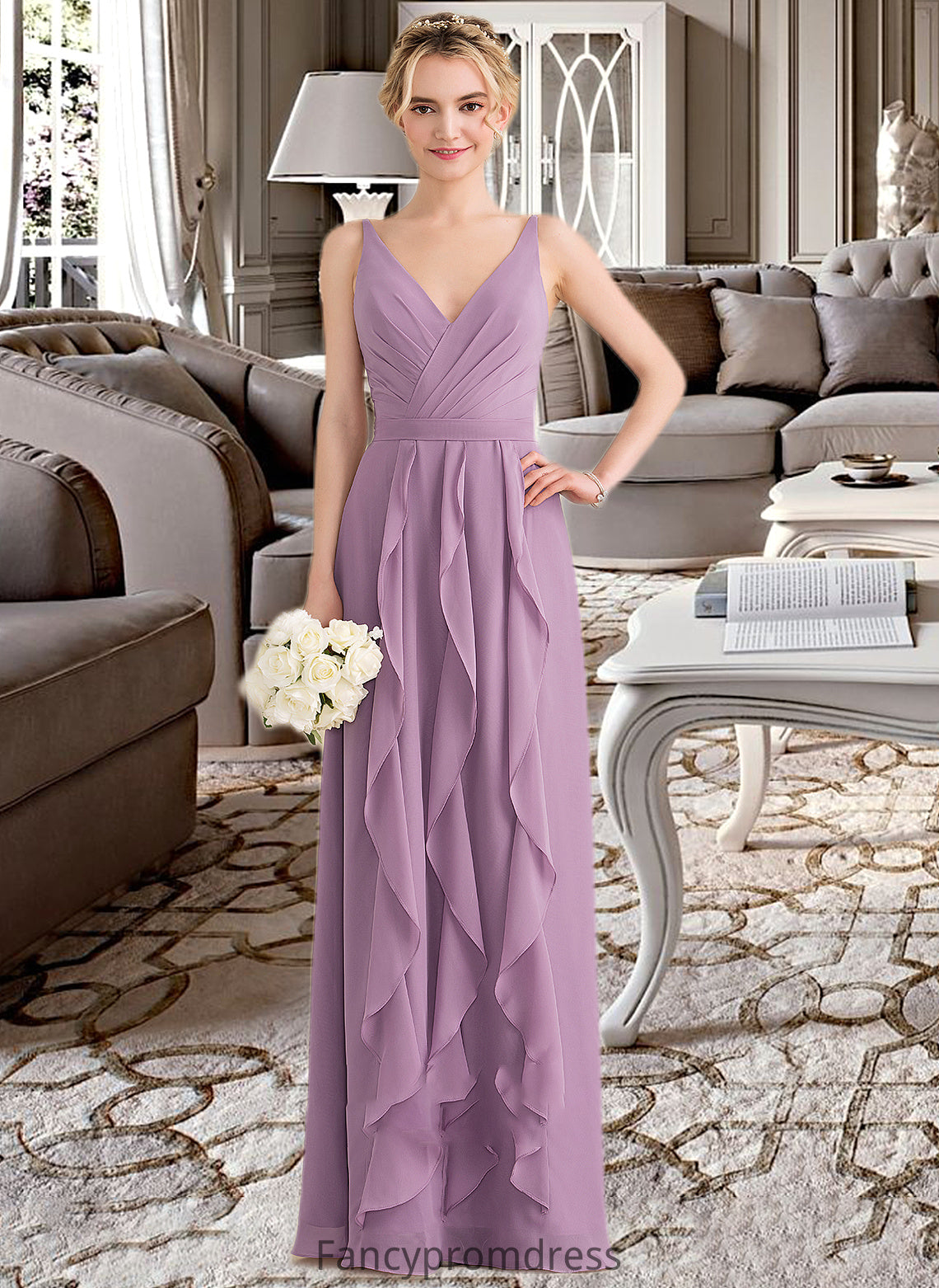 Jaelynn A-Line V-neck Floor-Length Chiffon Bridesmaid Dress With Cascading Ruffles DRP0013261