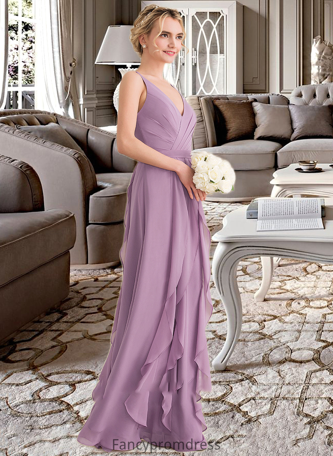 Jaelynn A-Line V-neck Floor-Length Chiffon Bridesmaid Dress With Cascading Ruffles DRP0013261