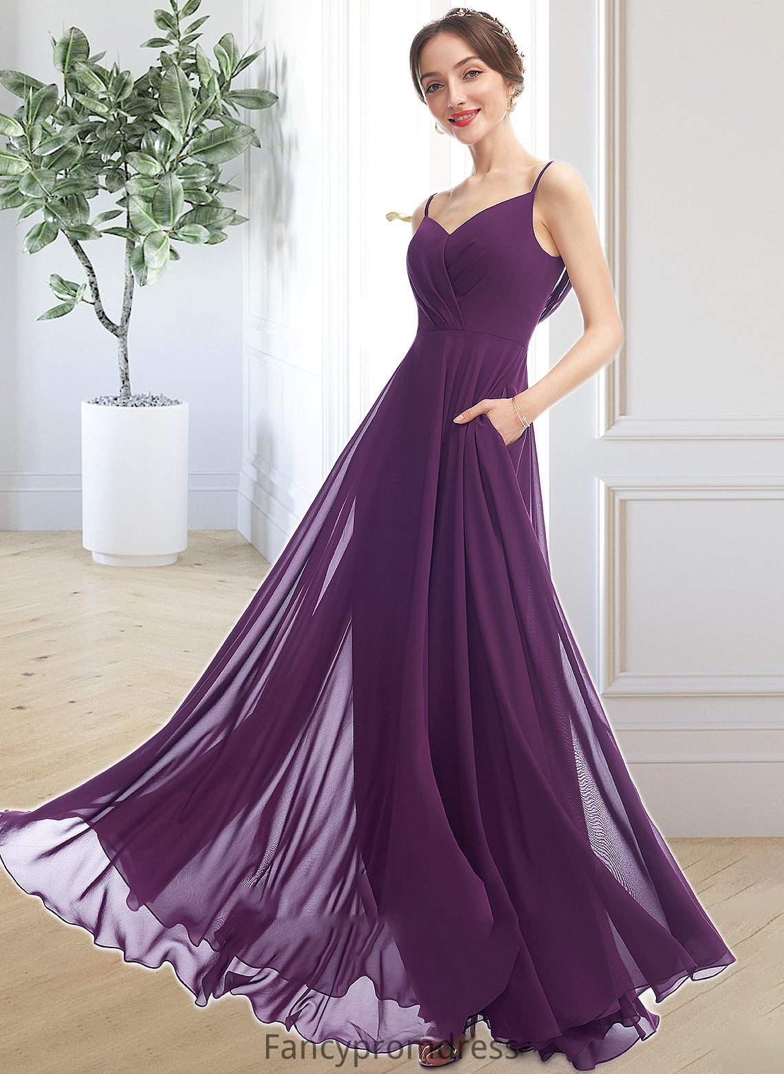 Beatrice A-Line V-neck Floor-Length Bridesmaid Dress With Pockets DRP0013263