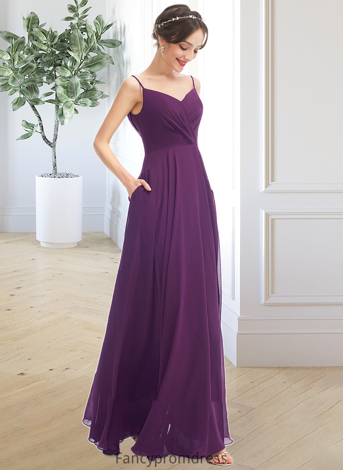 Beatrice A-Line V-neck Floor-Length Bridesmaid Dress With Pockets DRP0013263