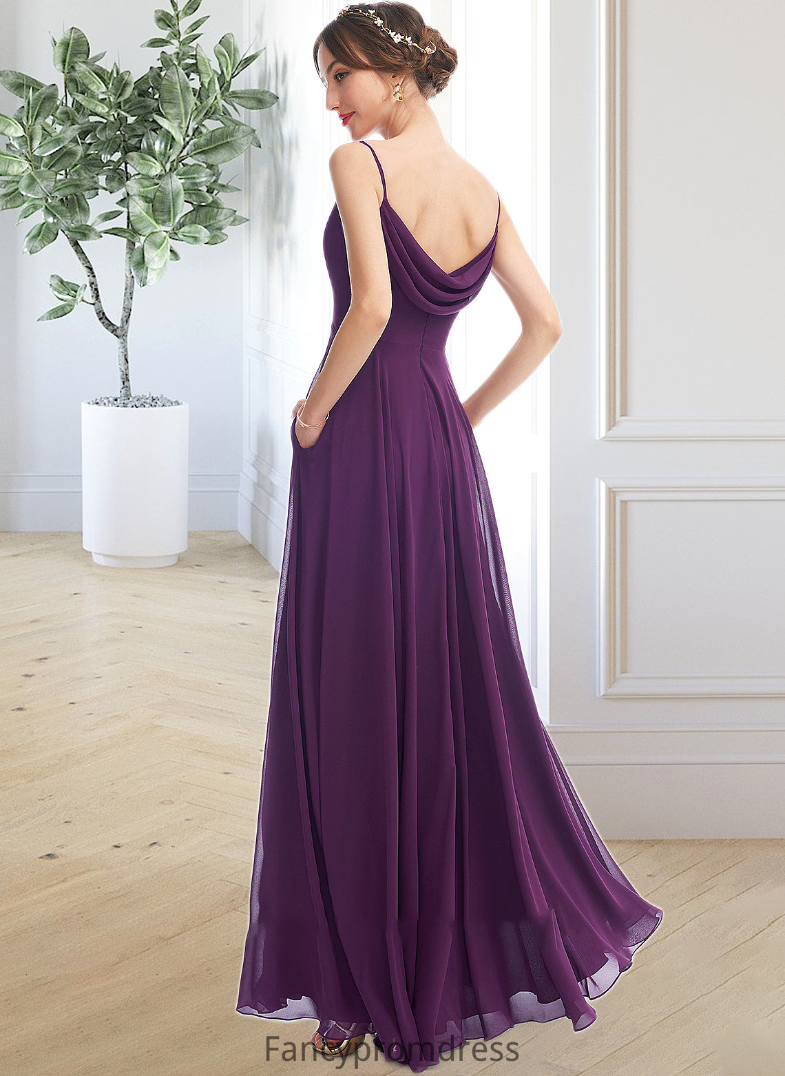 Beatrice A-Line V-neck Floor-Length Bridesmaid Dress With Pockets DRP0013263