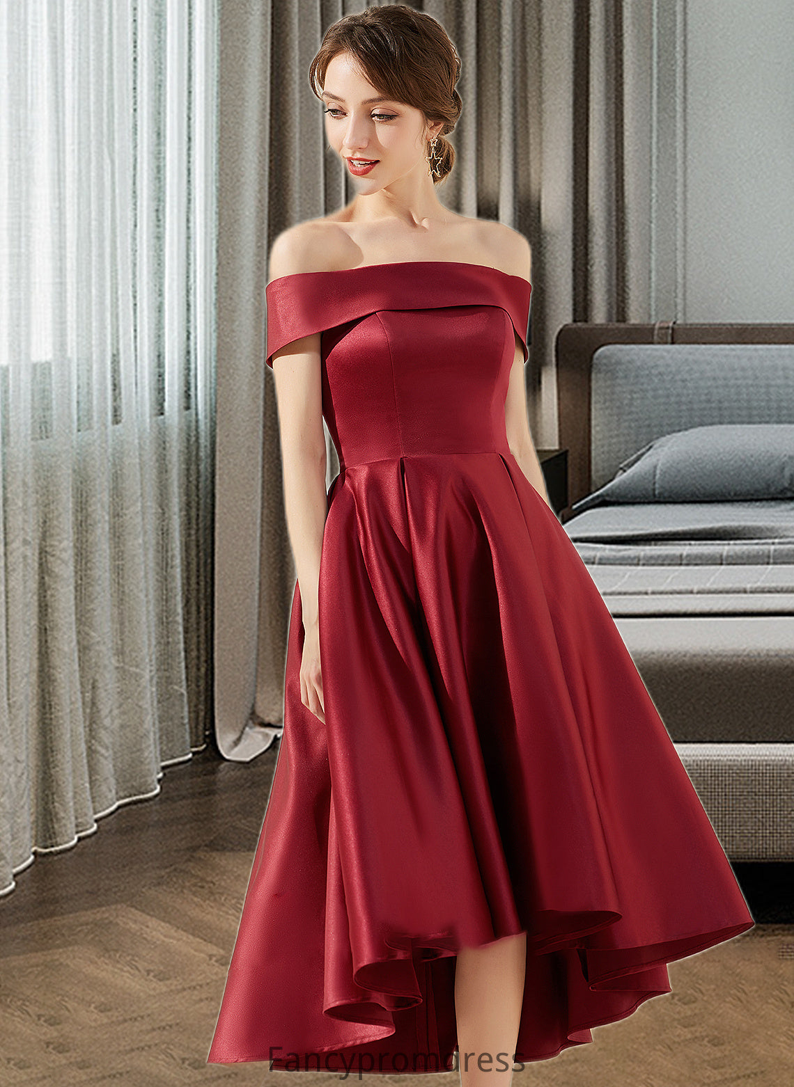 Raina A-Line Off-the-Shoulder Asymmetrical Satin Bridesmaid Dress With Pockets DRP0013264