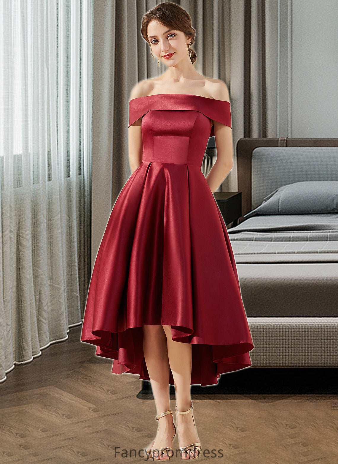 Raina A-Line Off-the-Shoulder Asymmetrical Satin Bridesmaid Dress With Pockets DRP0013264