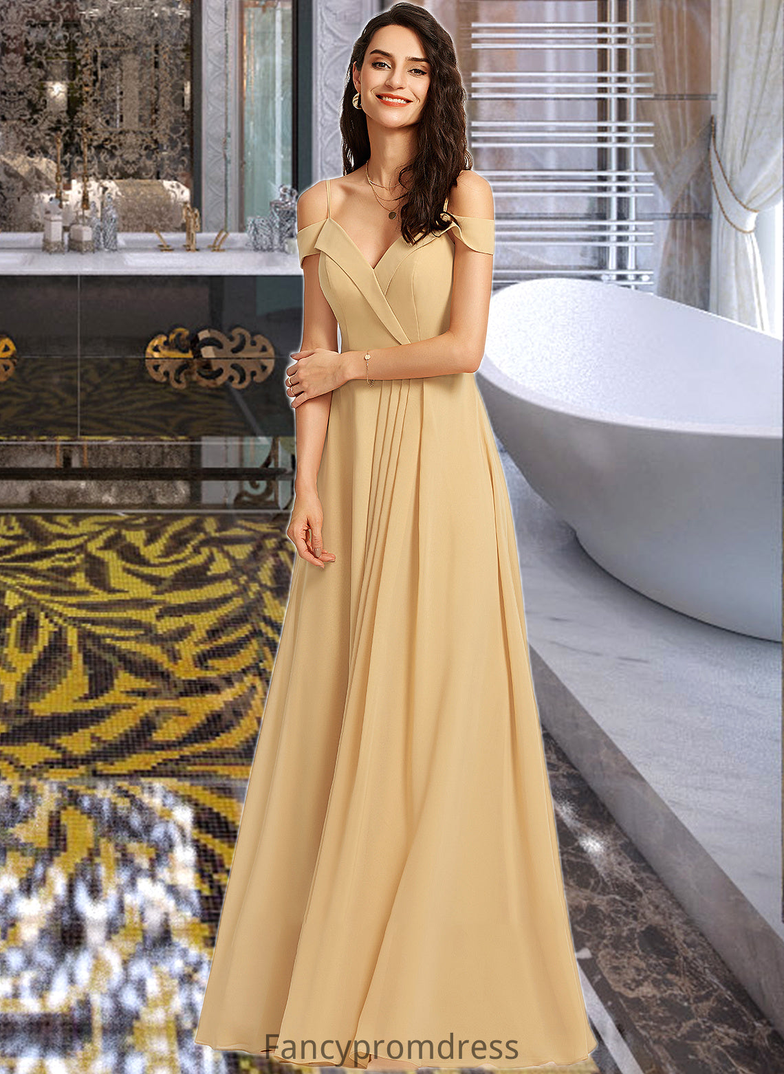 Winifred A-Line V-neck Floor-Length Bridesmaid Dress DRP0013265