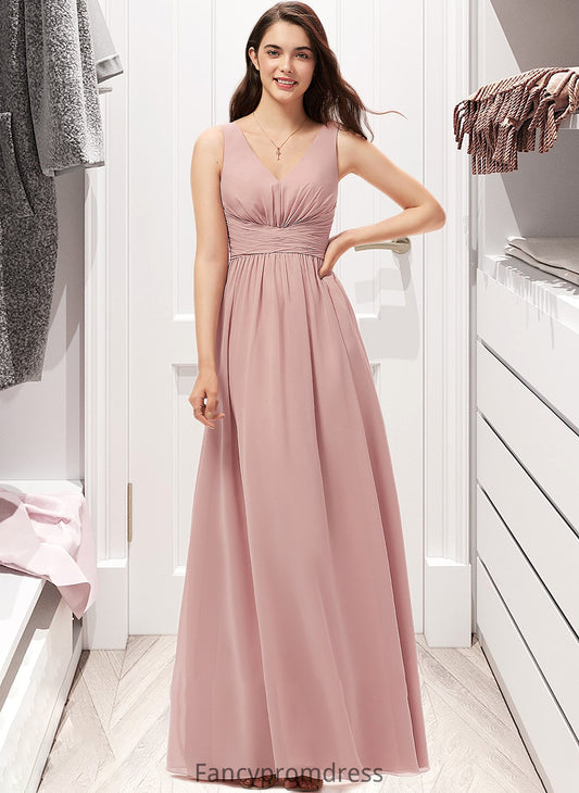 Jenna A-Line V-neck Floor-Length Chiffon Bridesmaid Dress With Ruffle DRP0013266