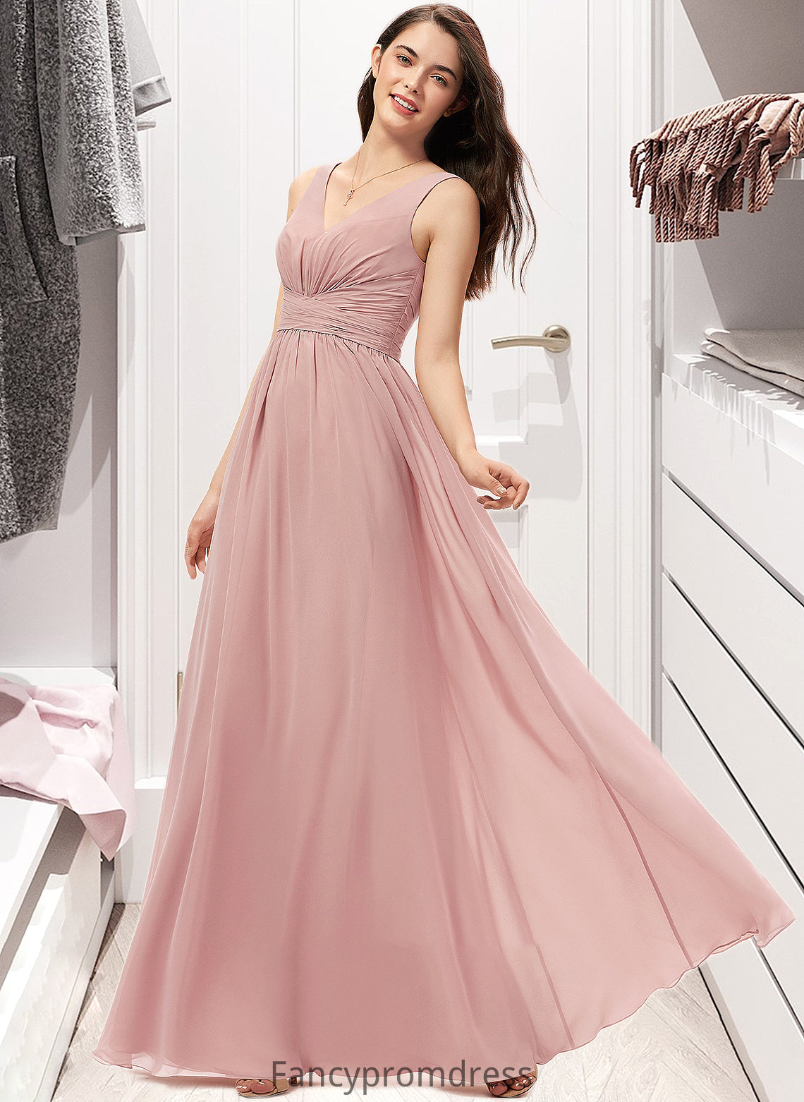 Jenna A-Line V-neck Floor-Length Chiffon Bridesmaid Dress With Ruffle DRP0013266