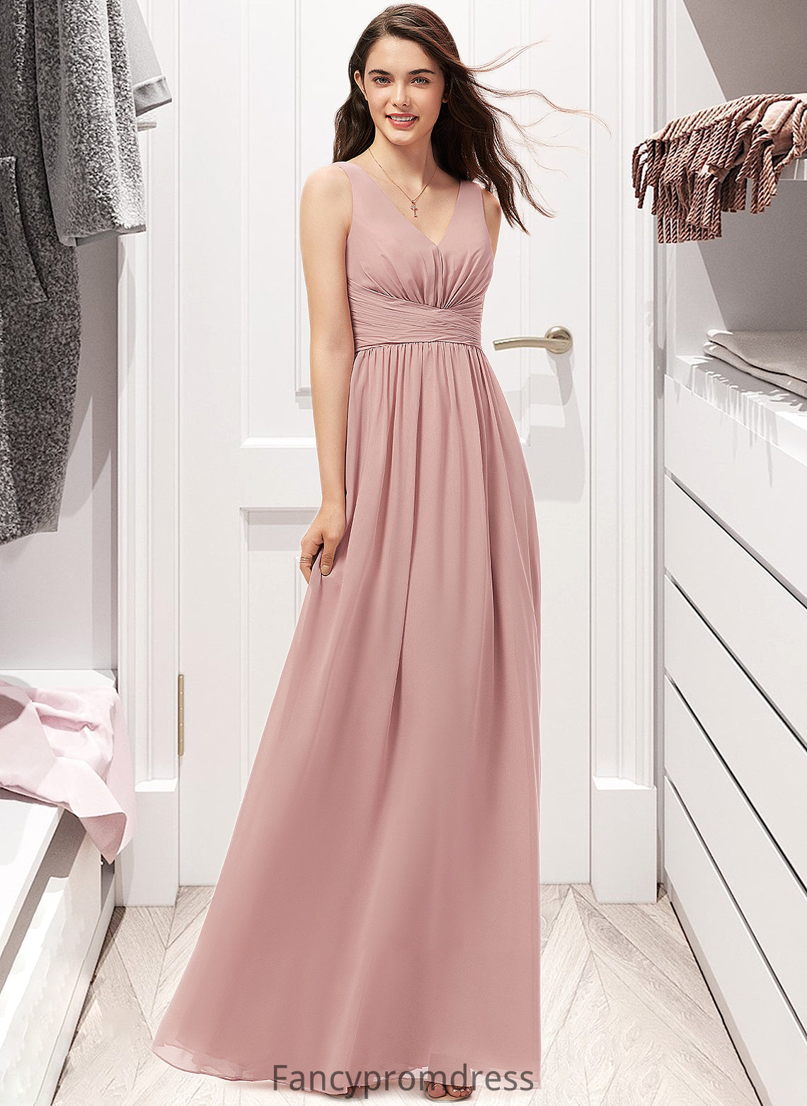 Jenna A-Line V-neck Floor-Length Chiffon Bridesmaid Dress With Ruffle DRP0013266