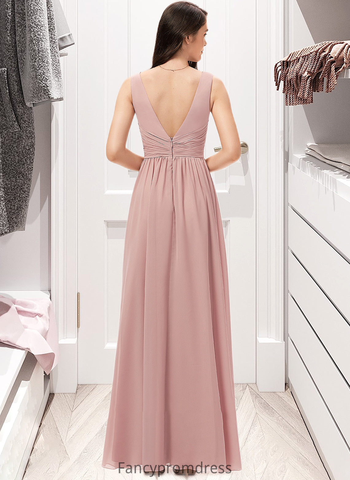 Jenna A-Line V-neck Floor-Length Chiffon Bridesmaid Dress With Ruffle DRP0013266