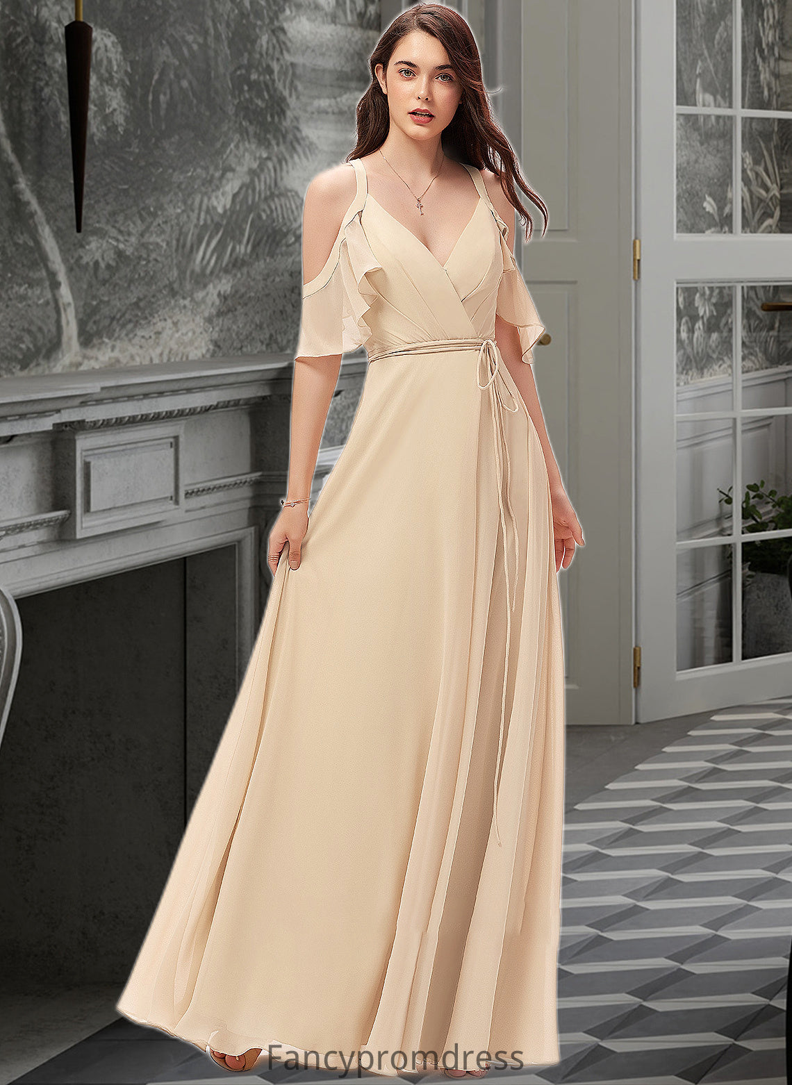 Jazlyn A-Line V-neck Floor-Length Chiffon Bridesmaid Dress With Ruffle Split Front DRP0013267