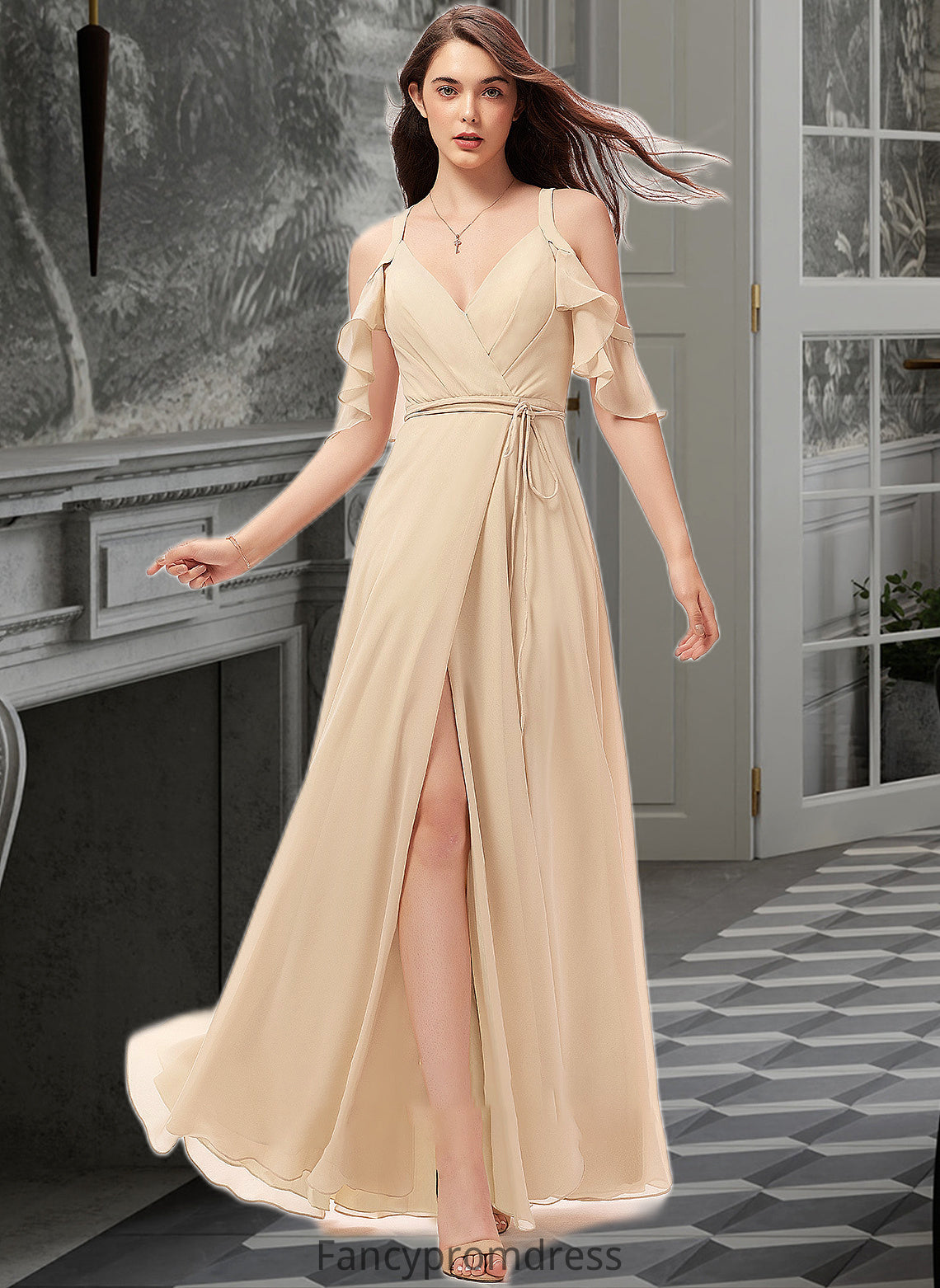 Jazlyn A-Line V-neck Floor-Length Chiffon Bridesmaid Dress With Ruffle Split Front DRP0013267