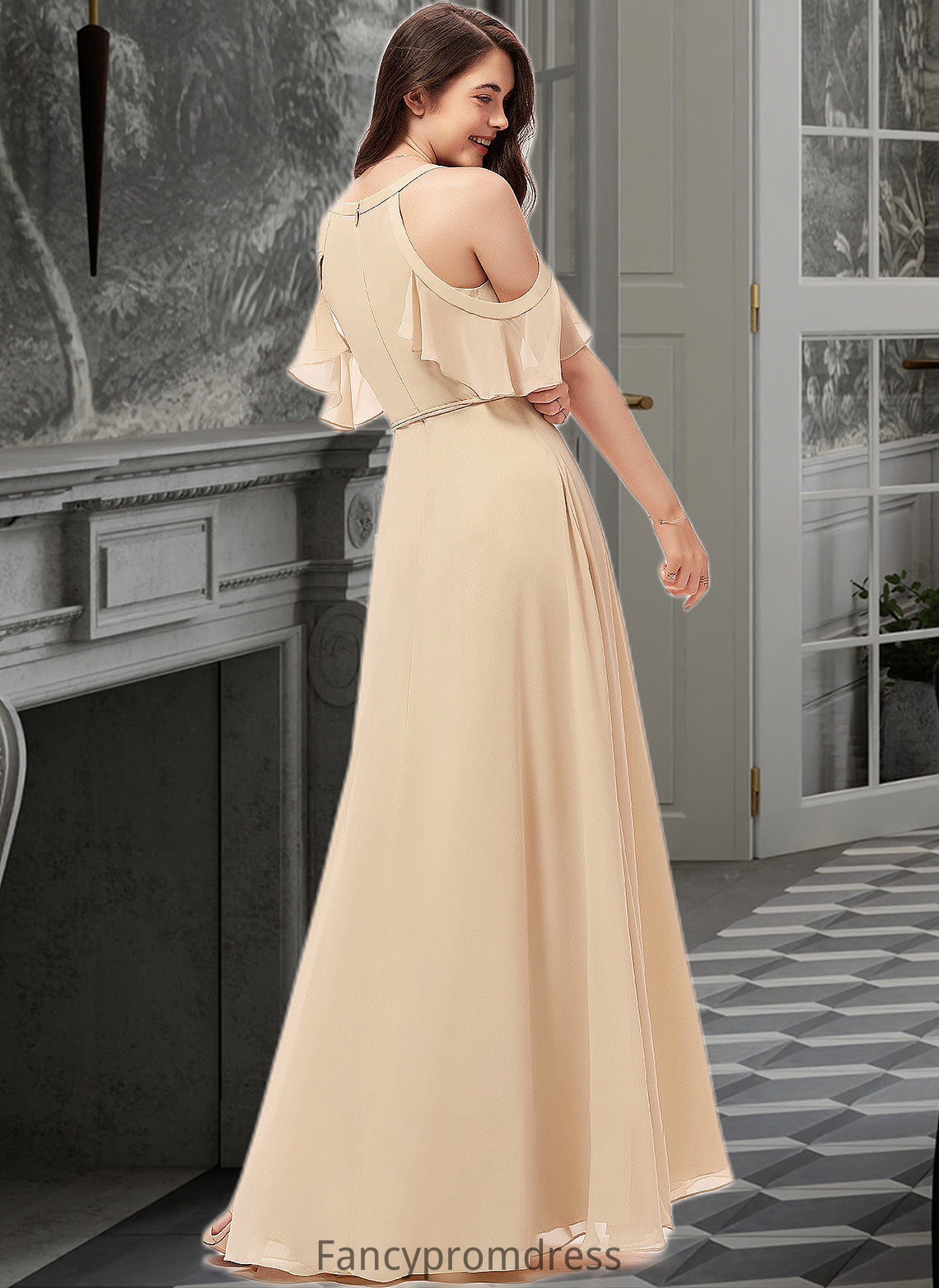 Jazlyn A-Line V-neck Floor-Length Chiffon Bridesmaid Dress With Ruffle Split Front DRP0013267