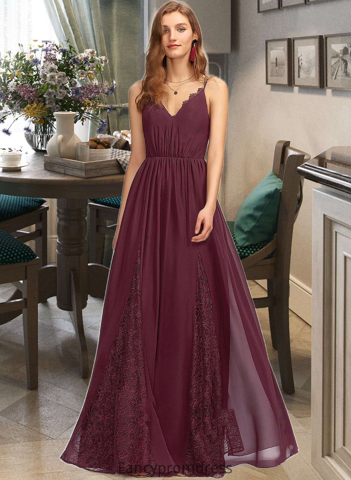 Martina A-Line V-neck Floor-Length Chiffon Lace Bridesmaid Dress DRP0013268