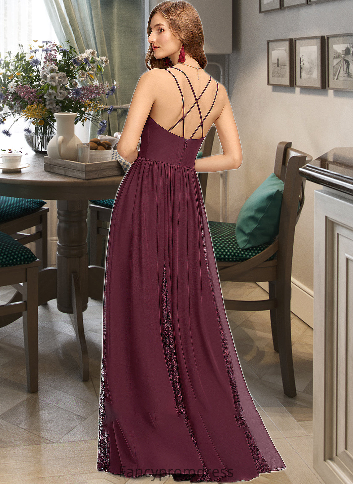 Martina A-Line V-neck Floor-Length Chiffon Lace Bridesmaid Dress DRP0013268