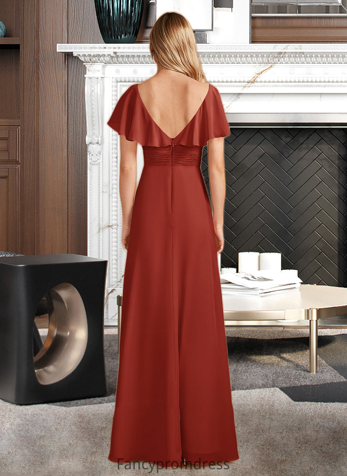 Amiya A-Line High Neck Floor-Length Bridesmaid Dress With Ruffle Split Front DRP0013271