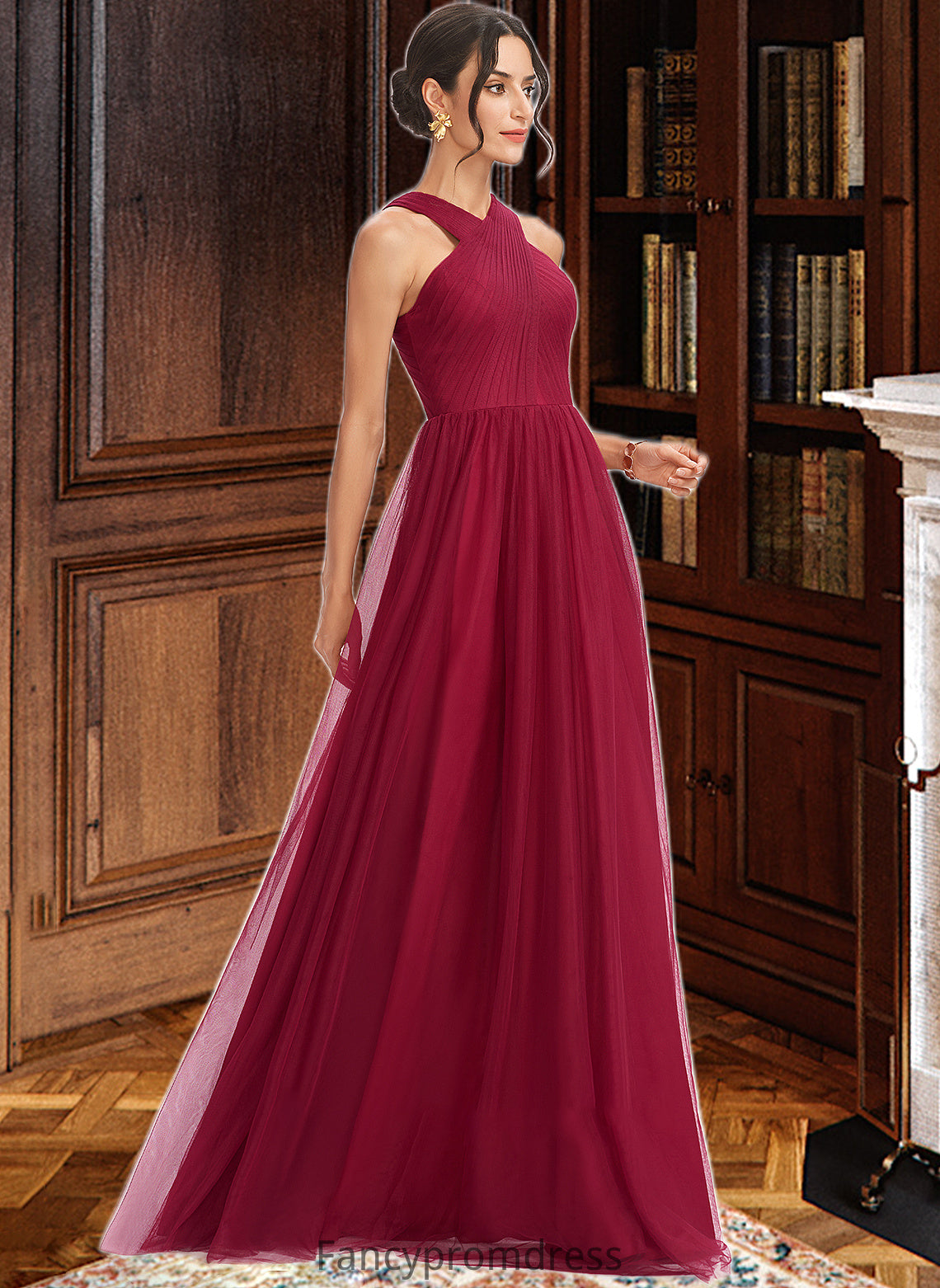 Kendal A-Line Halter Floor-Length Bridesmaid Dress With Ruffle DRP0013274