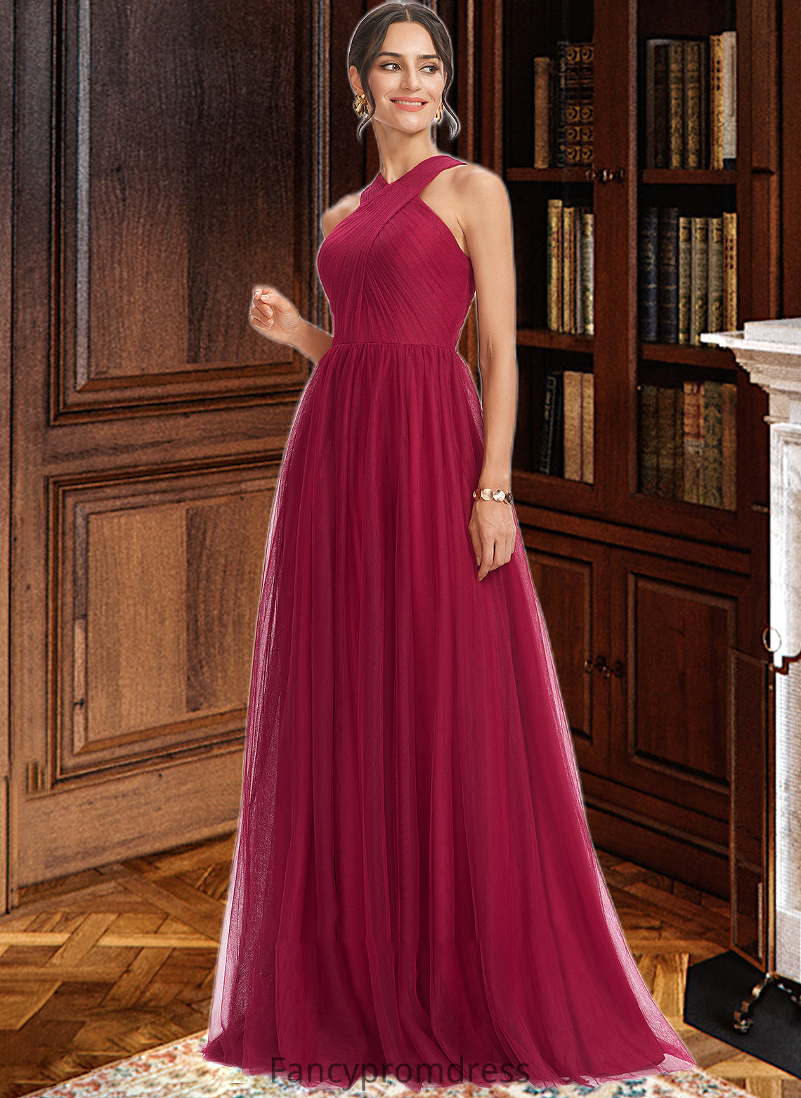 Kendal A-Line Halter Floor-Length Bridesmaid Dress With Ruffle DRP0013274