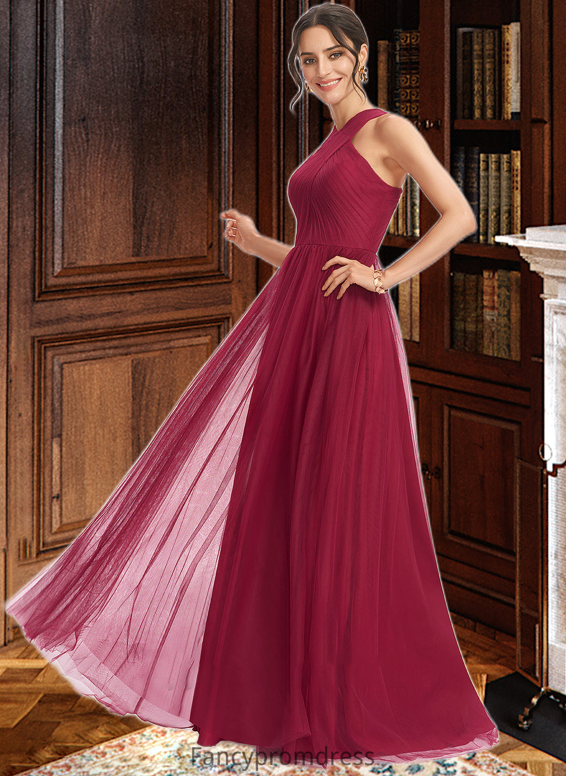 Kendal A-Line Halter Floor-Length Bridesmaid Dress With Ruffle DRP0013274