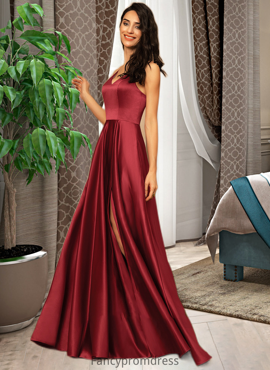 Margaret A-Line V-neck Floor-Length Satin Bridesmaid Dress With Pockets DRP0013279