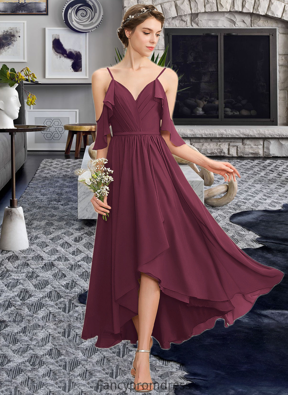 Kali A-Line V-neck Asymmetrical Chiffon Bridesmaid Dress With Cascading Ruffles DRP0013280