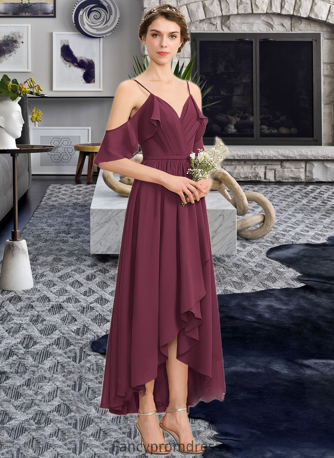 Kali A-Line V-neck Asymmetrical Chiffon Bridesmaid Dress With Cascading Ruffles DRP0013280