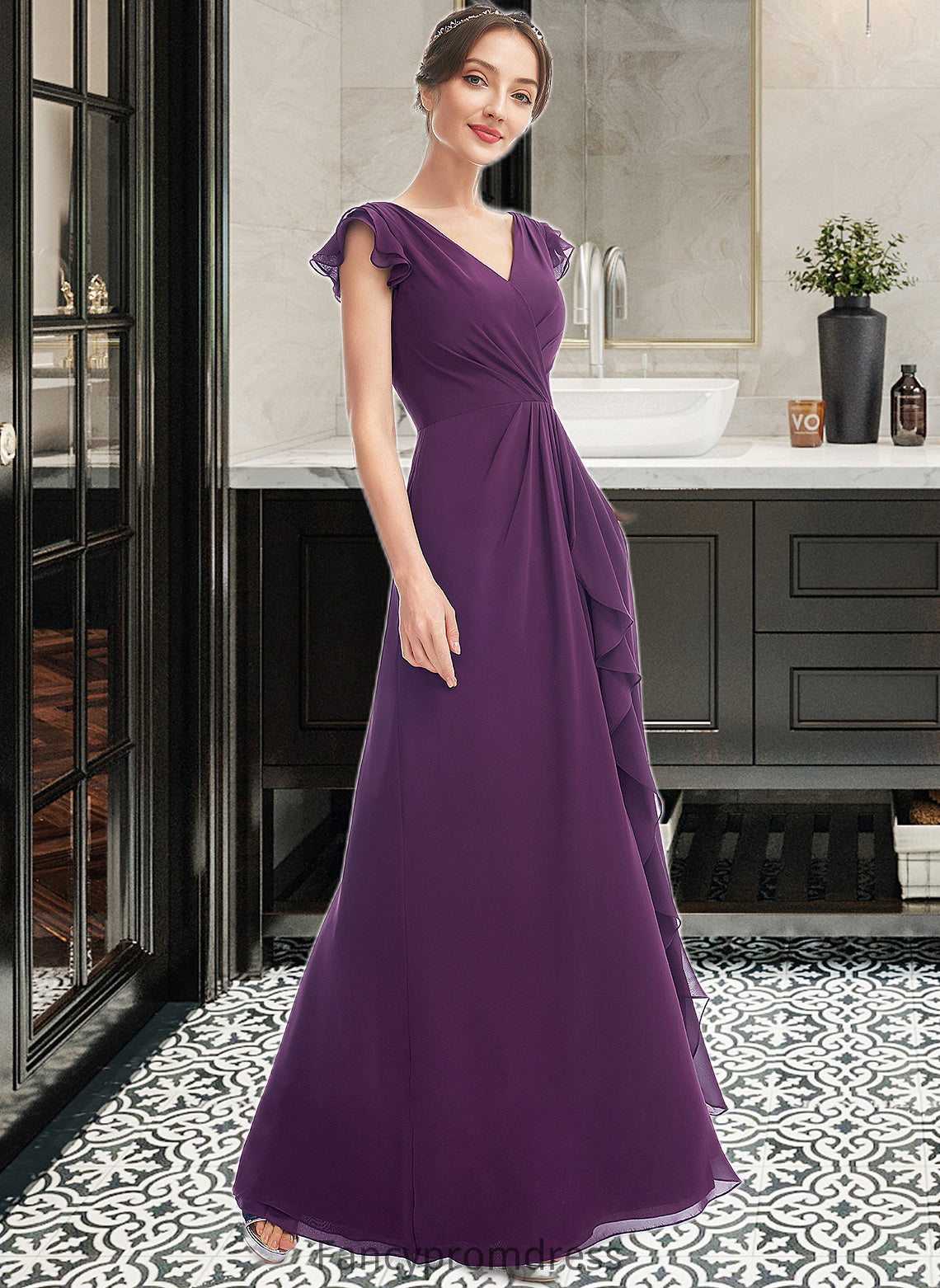 Martha A-Line V-neck Floor-Length Bridesmaid Dress With Ruffle Pockets DRP0013285