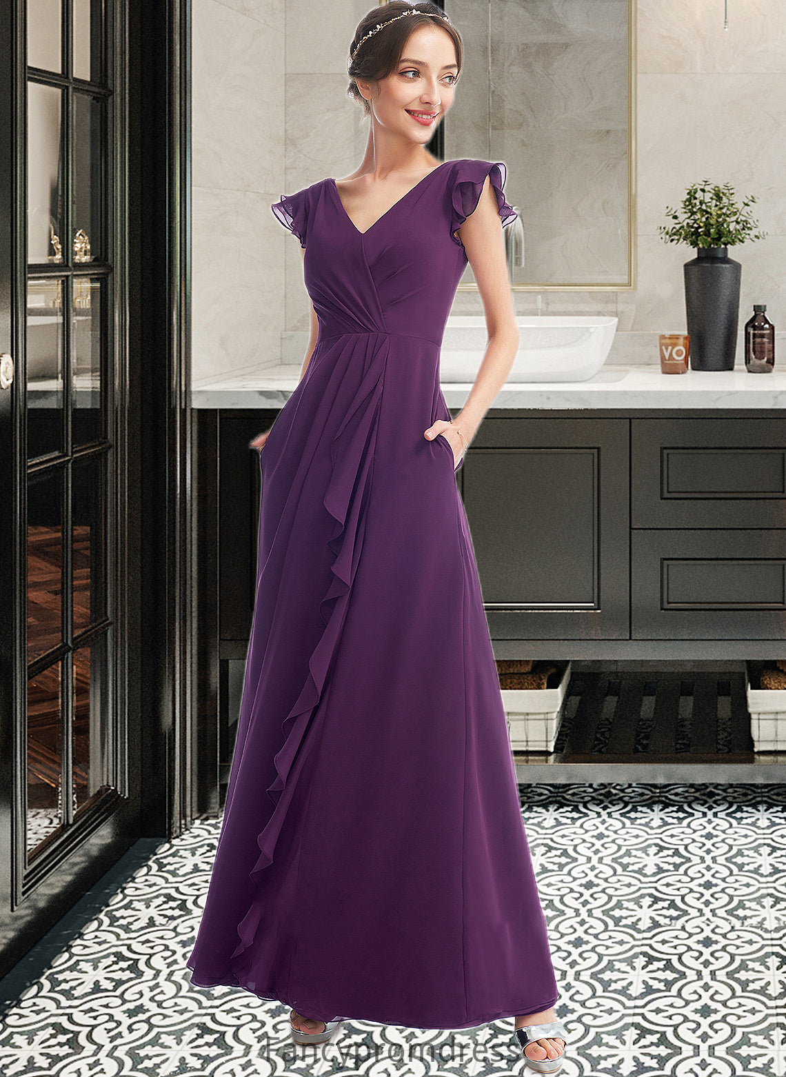 Martha A-Line V-neck Floor-Length Bridesmaid Dress With Ruffle Pockets DRP0013285