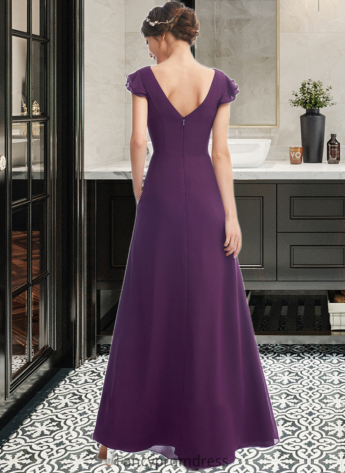 Martha A-Line V-neck Floor-Length Bridesmaid Dress With Ruffle Pockets DRP0013285