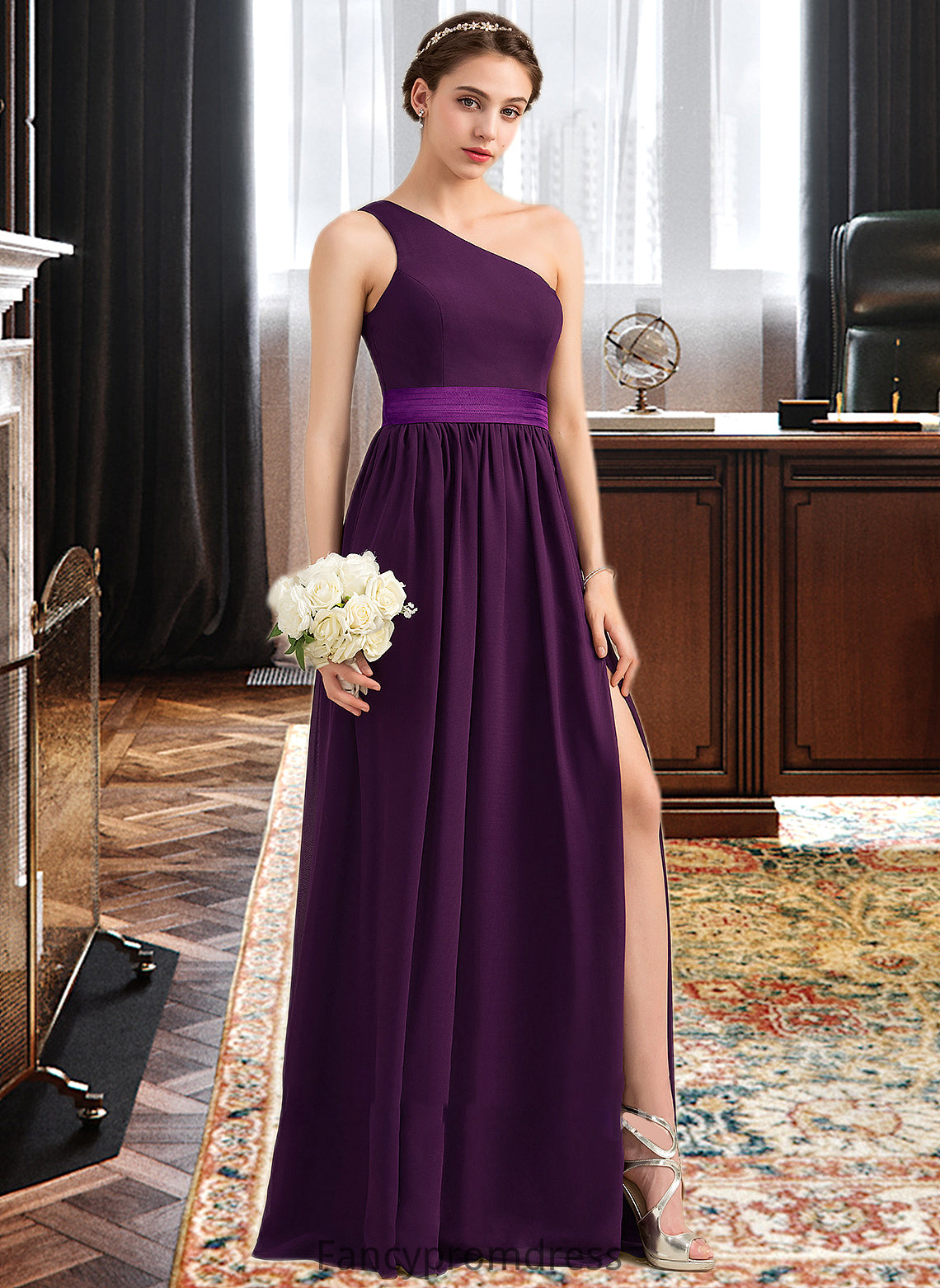 Cali A-Line/Princess One-Shoulder Floor-Length Chiffon Charmeuse Bridesmaid Dress With Ruffle Split Front DRP0013288