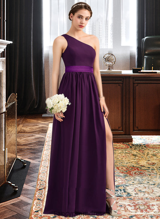 Cali A-Line/Princess One-Shoulder Floor-Length Chiffon Charmeuse Bridesmaid Dress With Ruffle Split Front DRP0013288