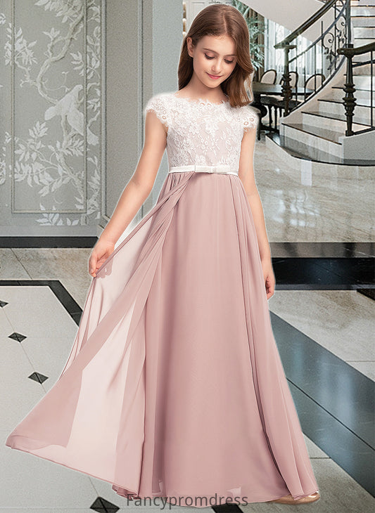 Marianna A-Line Scoop Neck Floor-Length Chiffon Lace Junior Bridesmaid Dress With Bow(s) DRP0013305