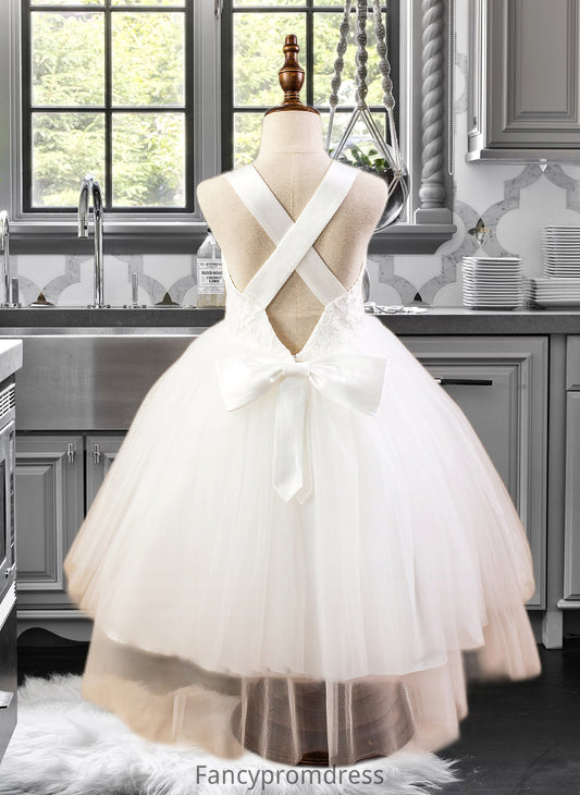 Edith Ball-Gown/Princess Sweetheart Tea-Length Satin Tulle Lace Junior Bridesmaid Dress With Bow(s) DRP0013597