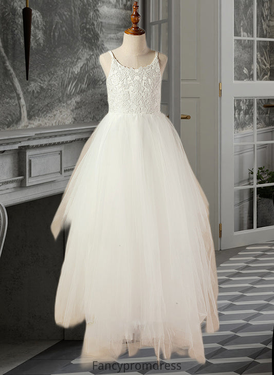 Mya A-Line Scoop Neck Floor-Length Tulle Lace Junior Bridesmaid Dress With Lace DRP0013598