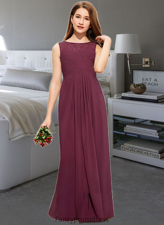 Alisson A-Line Scoop Neck Floor-Length Chiffon Lace Junior Bridesmaid Dress With Ruffle Bow(s) DRP0013600