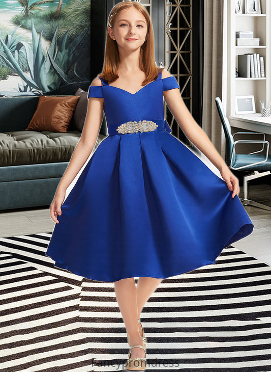 Elise A-Line Off-the-Shoulder Knee-Length Satin Junior Bridesmaid Dress With Beading Bow(s) DRP0013605