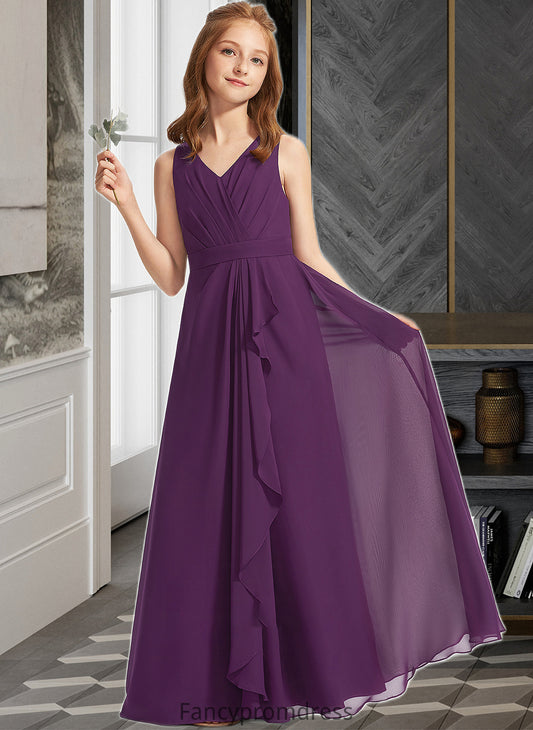 Winnie A-Line V-neck Floor-Length Chiffon Junior Bridesmaid Dress With Ruffles DRP0013607