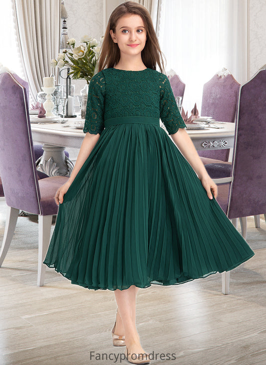 Kallie A-Line Scoop Neck Tea-Length Chiffon Lace Junior Bridesmaid Dress With Pleated DRP0013608