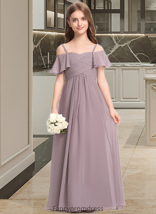 Kaleigh A-Line Off-the-Shoulder Floor-Length Chiffon Junior Bridesmaid Dress With Ruffle DRP0013610