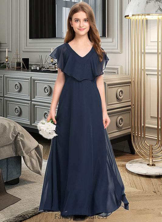 Haley A-Line V-neck Floor-Length Chiffon Junior Bridesmaid Dress DRP0013611