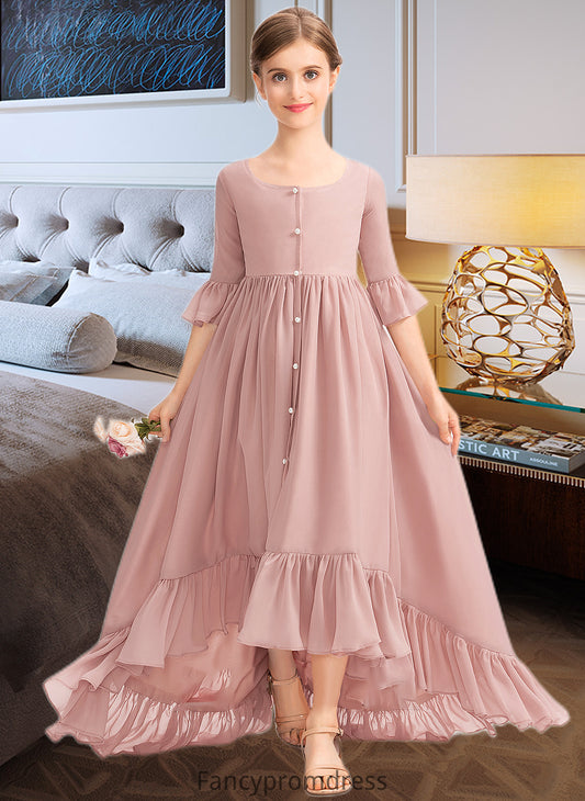 Rosa A-Line Scoop Neck Asymmetrical Chiffon Junior Bridesmaid Dress With Bow(s) Cascading Ruffles DRP0013612