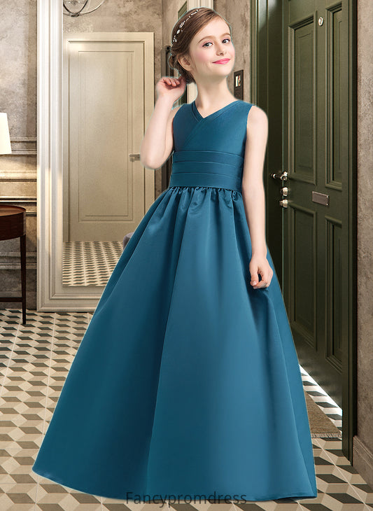 Martina Ball-Gown/Princess V-neck Floor-Length Satin Junior Bridesmaid Dress With Ruffle DRP0013613