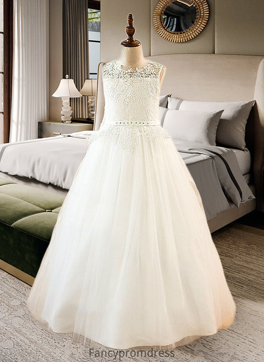 Amari Ball-Gown/PrincessScoopNeckFloor-LengthTulleJuniorBridesmaidDressWithSashBeading#136423 DRP0013615