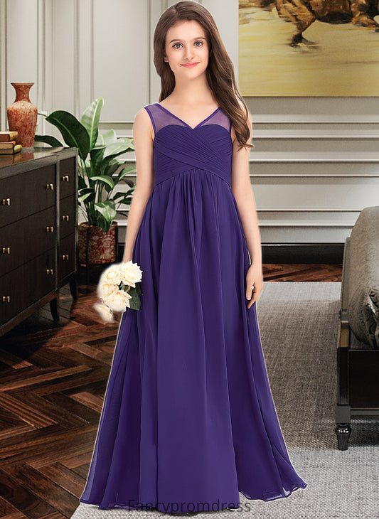 Aniya A-Line V-neck Floor-Length Chiffon Junior Bridesmaid Dress With Ruffle DRP0013642