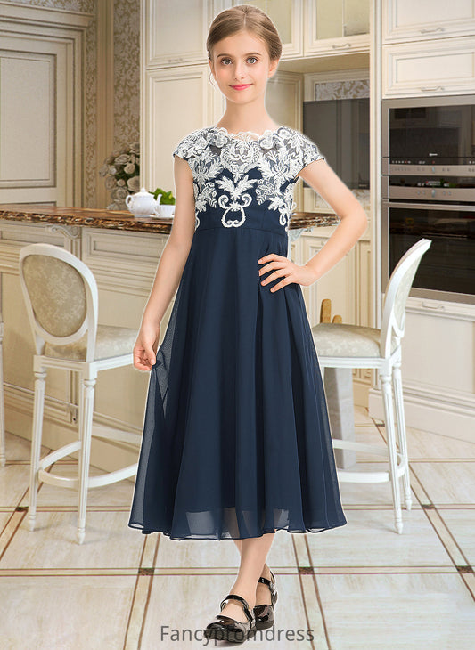 Michaela A-Line Scoop Neck Tea-Length Chiffon Lace Junior Bridesmaid Dress DRP0013643