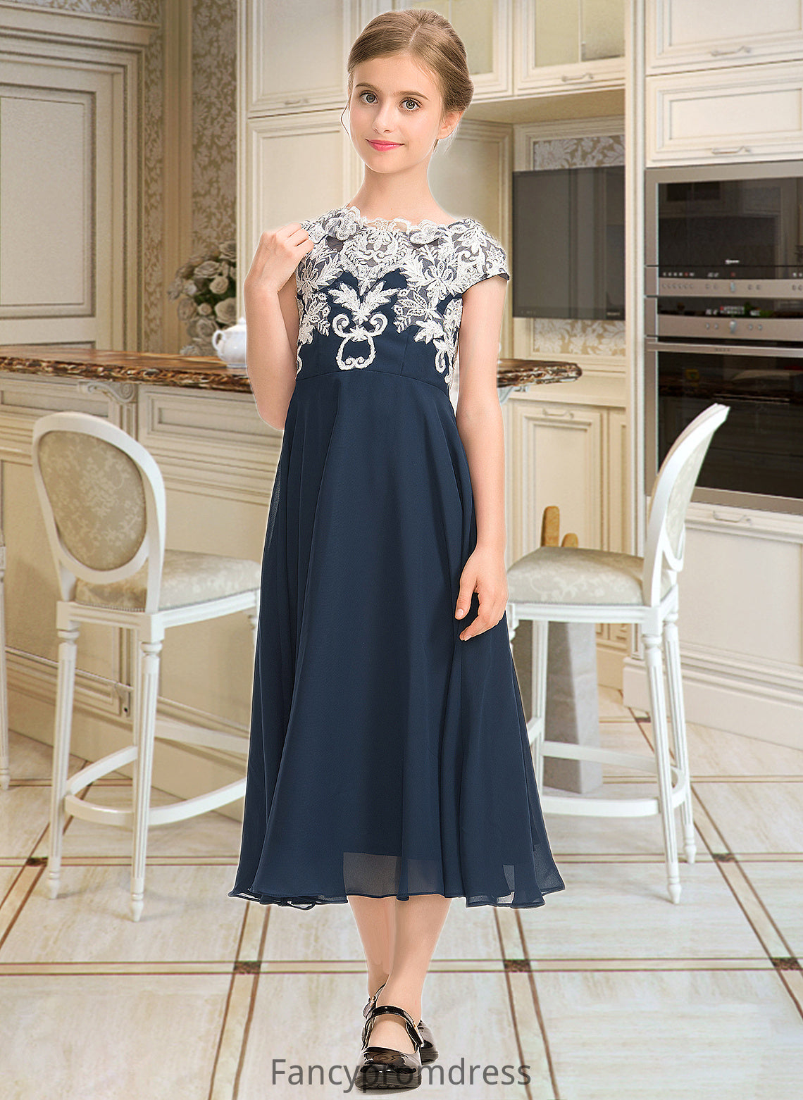 Michaela A-Line Scoop Neck Tea-Length Chiffon Lace Junior Bridesmaid Dress DRP0013643