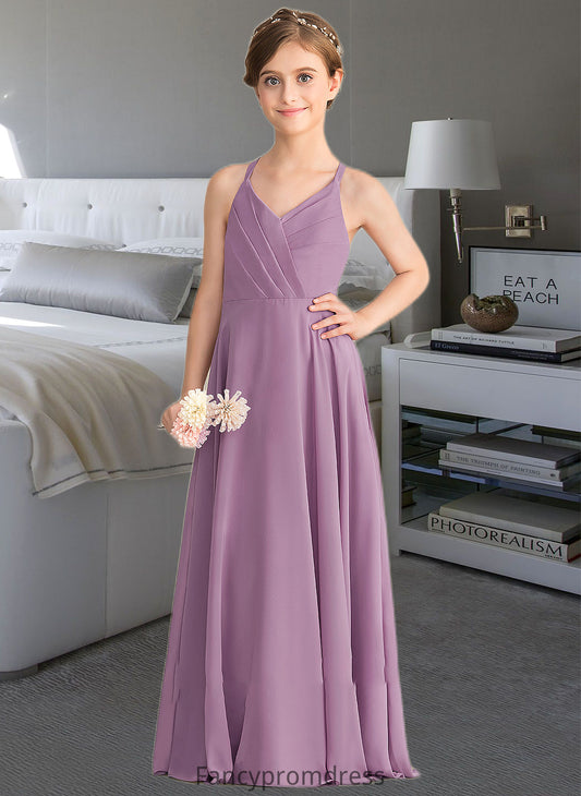 Gwendolyn A-Line V-neck Floor-Length Chiffon Junior Bridesmaid Dress With Cascading Ruffles DRP0013644