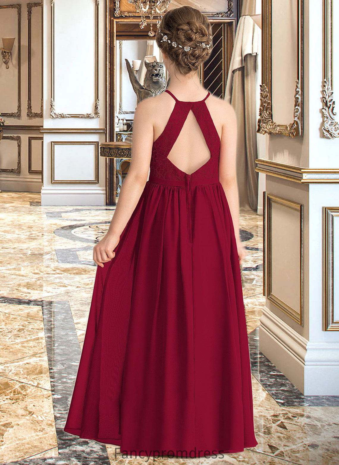 Dayana A-Line Scoop Neck Floor-Length Chiffon Lace Junior Bridesmaid Dress With Split Front DRP0013645