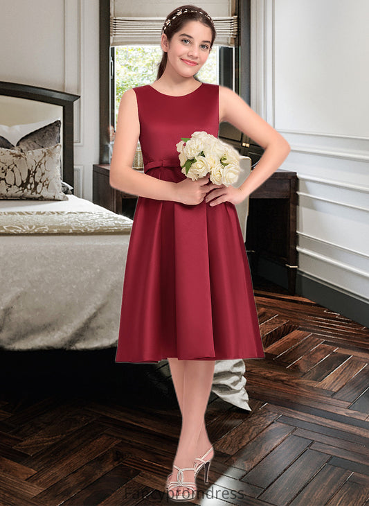 Perla A-Line Scoop Neck Knee-Length Satin Junior Bridesmaid Dress With Lace Bow(s) DRP0013646