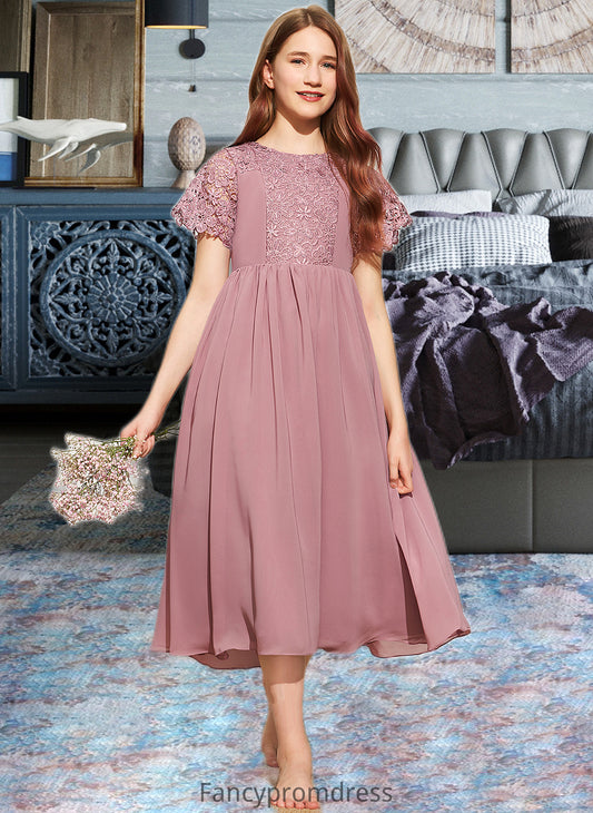 Aurora A-Line Scoop Neck Tea-Length Chiffon Lace Junior Bridesmaid Dress DRP0013648